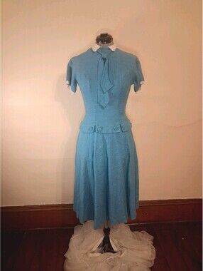 1940s Vintage Dress, Woven Blue Handmade Dress With Tie Academic Secretary Sz S